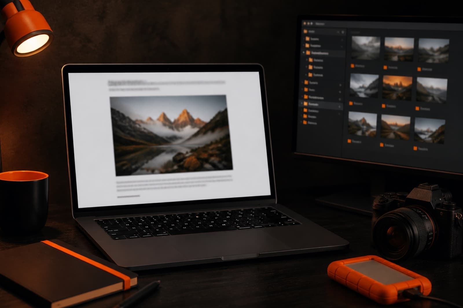 Laptop showing an article photograph with a caption, next to a screen listing image files