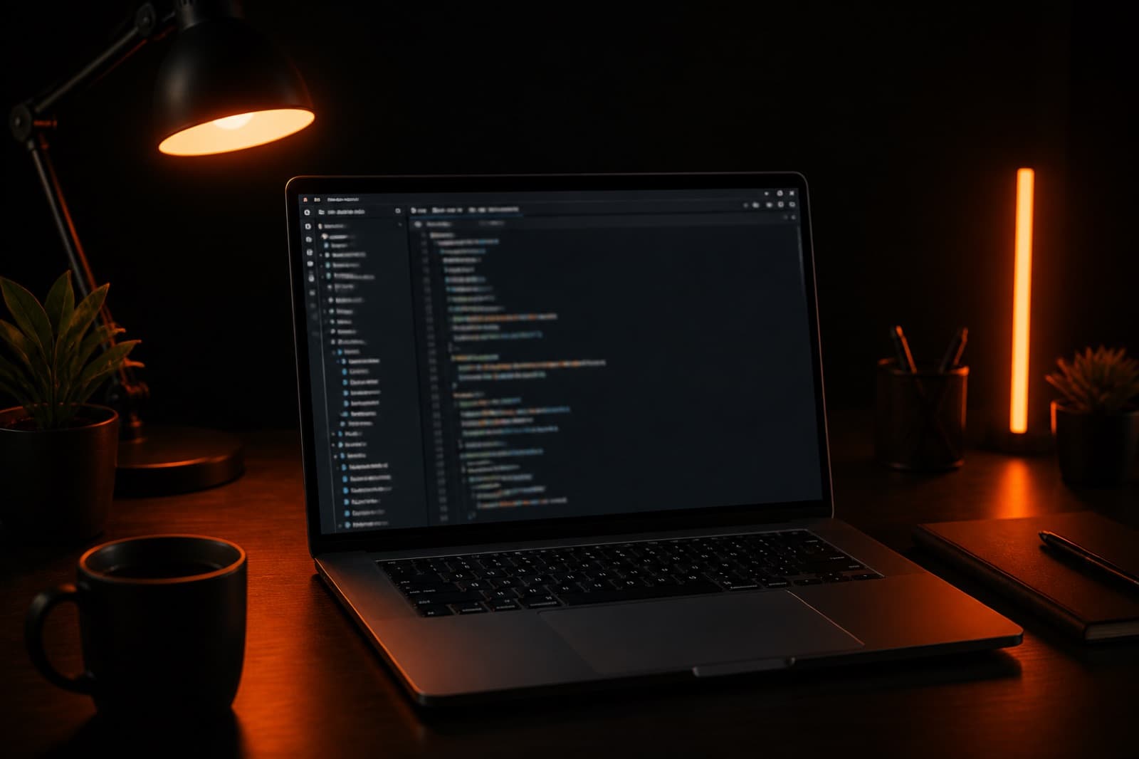 Dark desk at night with a laptop open to a config file, lit by a warm orange lamp