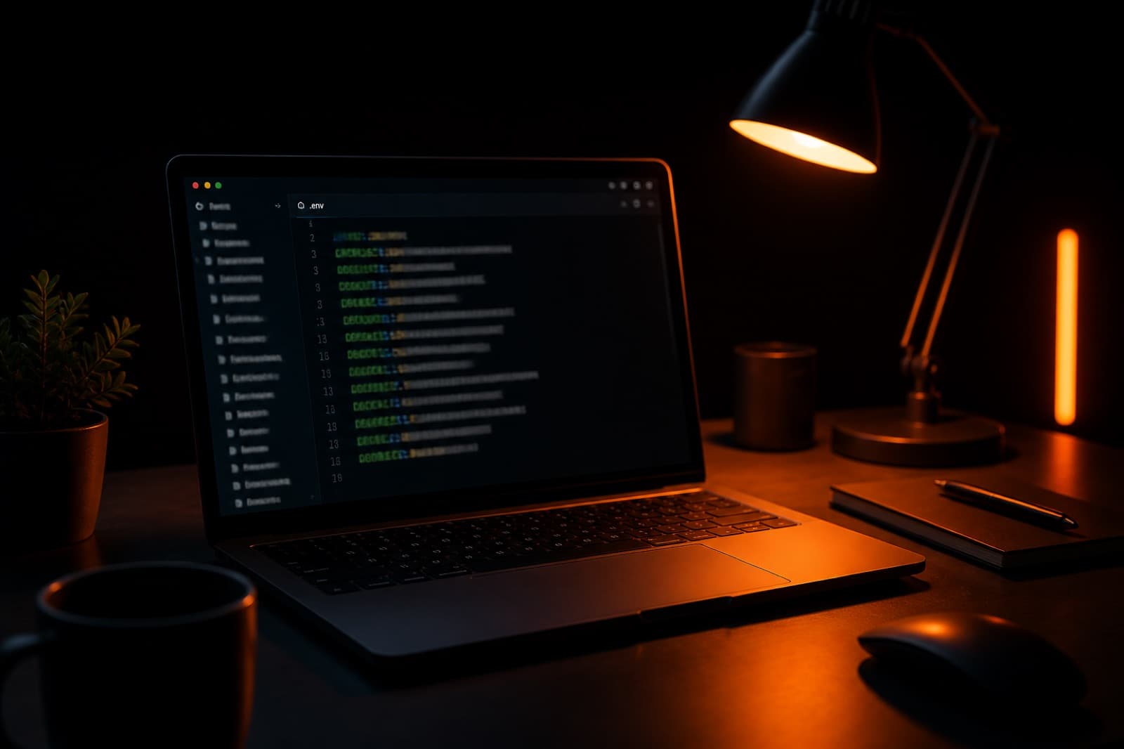 Dark desk at night with a laptop open to an environment file, lit by a warm orange lamp