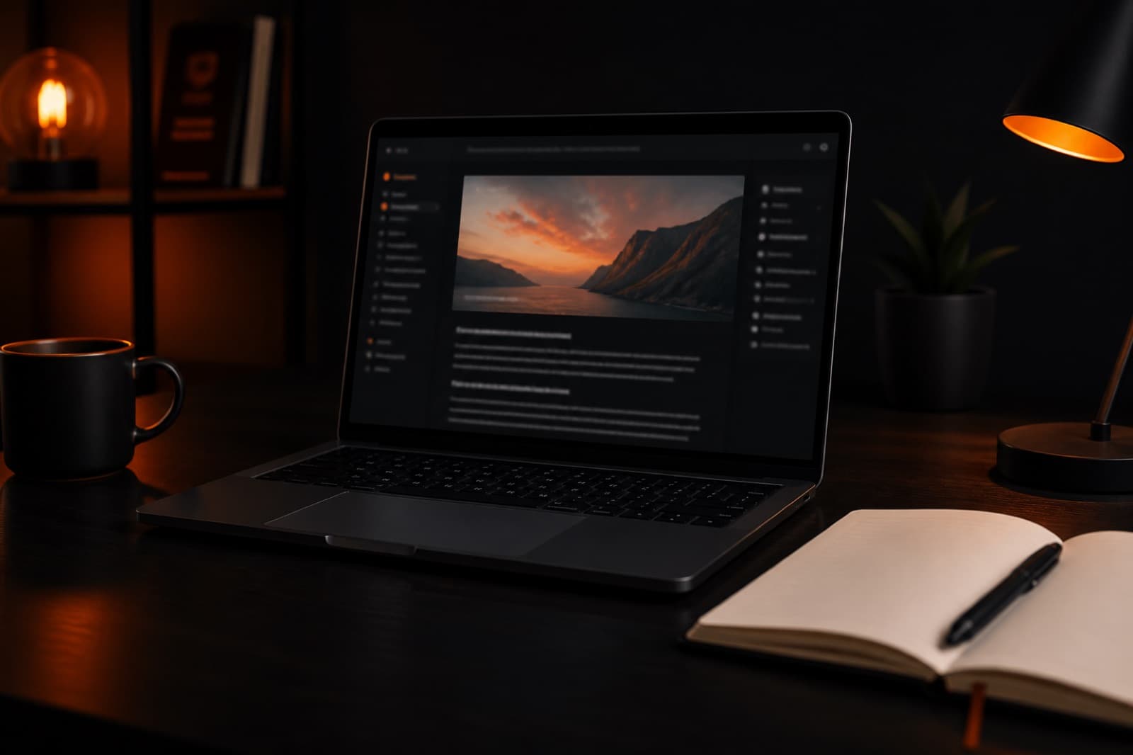 Dark writing desk with a laptop showing an article layout and a large cover photograph