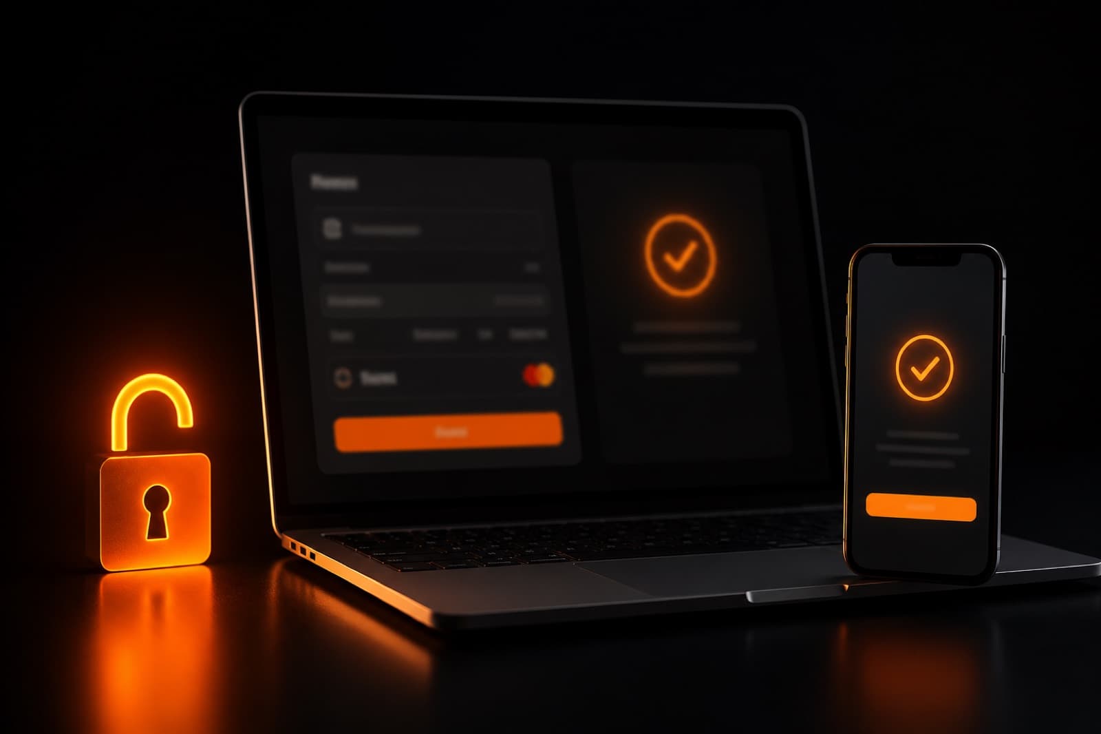 Laptop and phone on a dark desk showing a checkout flow, with a warm orange glow suggesting access unlocked