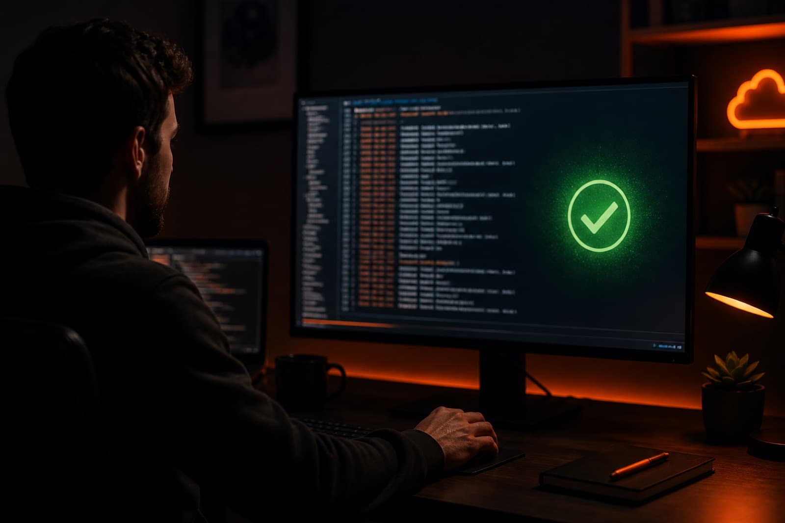 Dark workspace with a monitor showing a successful payment webhook and a green confirmation